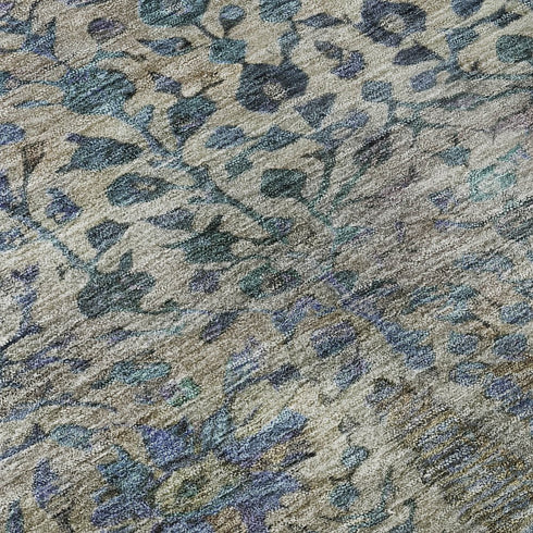 8' Brown And Teal Floral Vines Washable Round Rug With UV Protection