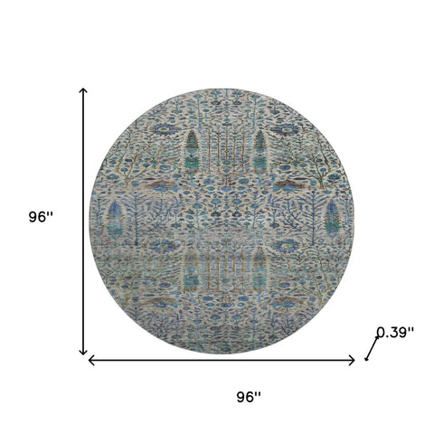 8' Brown And Teal Floral Vines Washable Round Rug With UV Protection