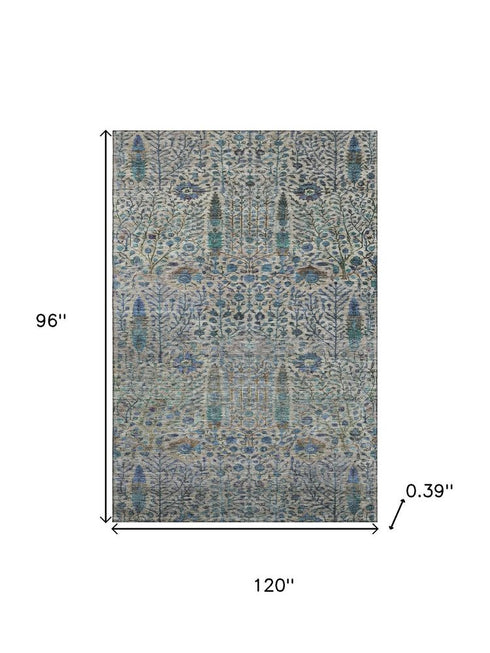 8' X 10' Brown And Teal Floral Vines Washable Area Rug With UV Protection