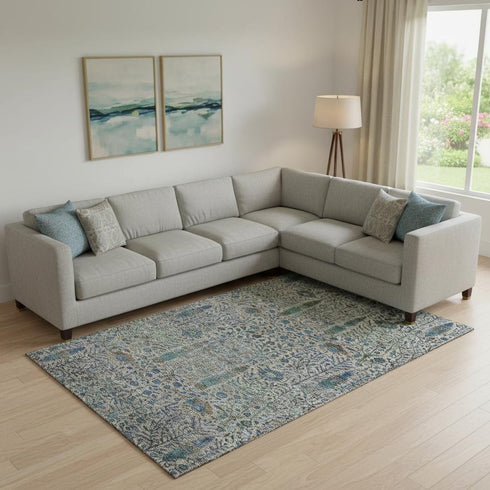 8' X 10' Brown And Teal Floral Vines Washable Area Rug With UV Protection