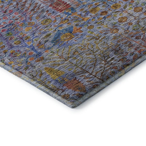 5' X 8' Blue And Red Floral Vines Washable Area Rug With UV Protection