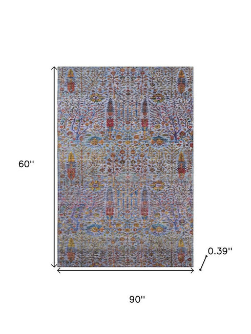 5' X 8' Blue And Red Floral Vines Washable Area Rug With UV Protection