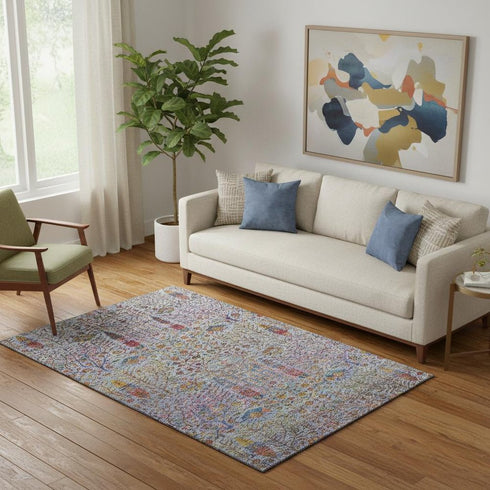 5' X 8' Blue And Red Floral Vines Washable Area Rug With UV Protection