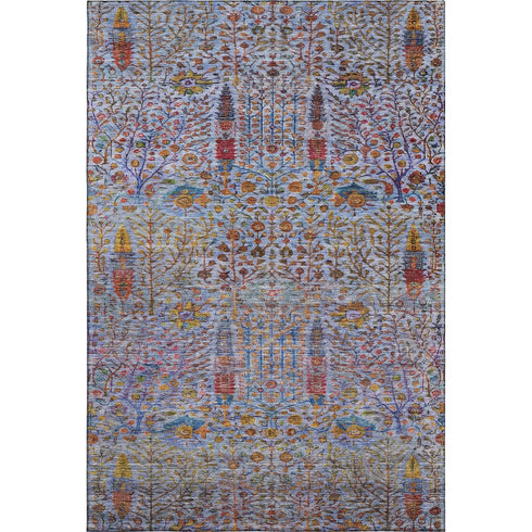 8' X 10' Blue And Red Floral Vines Washable Area Rug With UV Protection