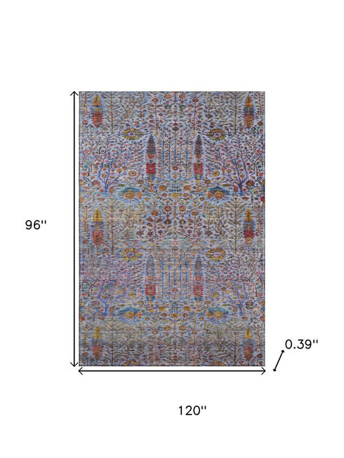 8' X 10' Blue And Red Floral Vines Washable Area Rug With UV Protection