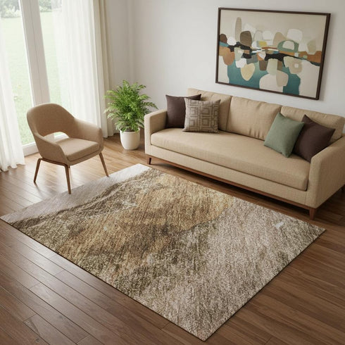 5' X 8' Brown And Ivory Abstract Washable Area Rug With UV Protection