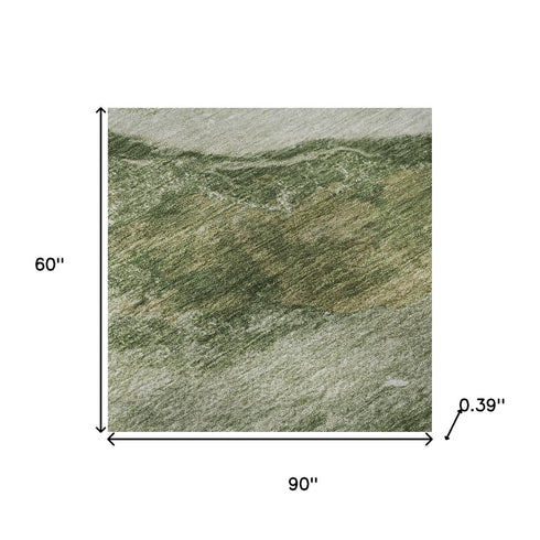 5' X 8' Green And Ivory Abstract Washable Area Rug With UV Protection