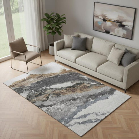 5' X 8' Gray And Ivory Abstract Washable Area Rug With UV Protection