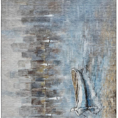 5' X 8' Blue And Beige Nautical Washable Area Rug With UV Protection