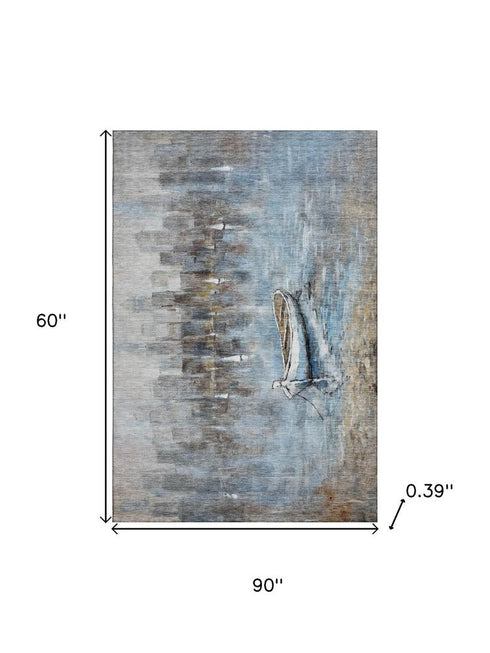 5' X 8' Blue And Beige Nautical Washable Area Rug With UV Protection