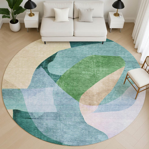 8' Green And Teal Abstract Washable Round Rug With UV Protection