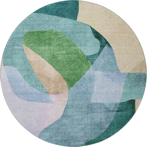 8' Green And Teal Abstract Washable Round Rug With UV Protection