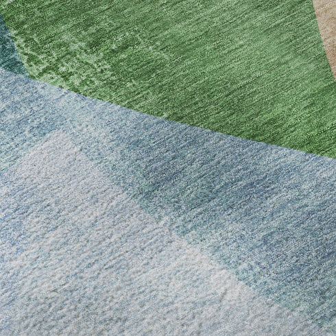 8' Green And Teal Abstract Washable Round Rug With UV Protection