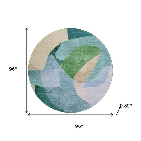 8' Green And Teal Abstract Washable Round Rug With UV Protection