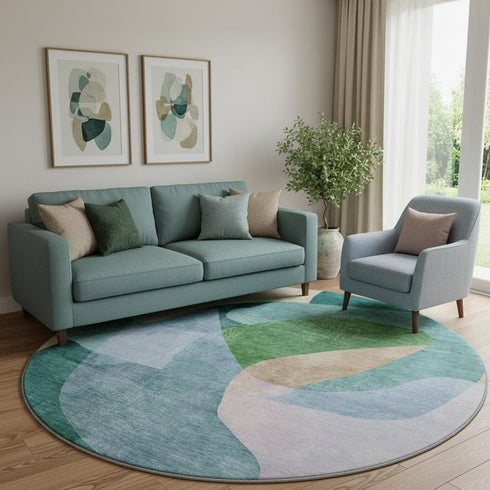 8' Green And Teal Abstract Washable Round Rug With UV Protection