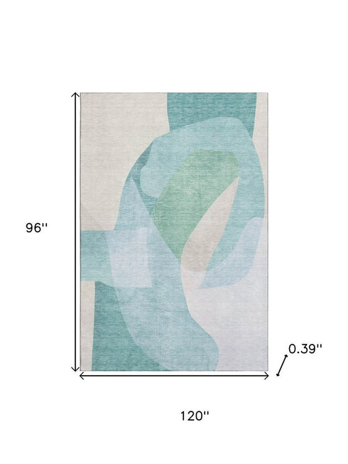 8' X 10' Pale Aqua And Beige Abstract Washable Area Rug With UV Protection