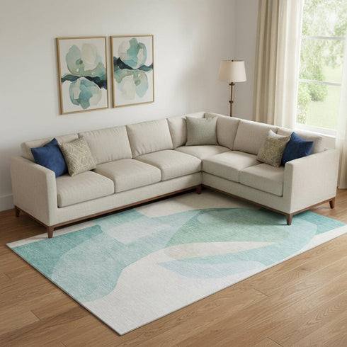 8' X 10' Pale Aqua And Beige Abstract Washable Area Rug With UV Protection