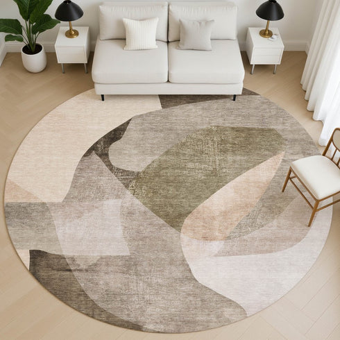 8' Taupe And Beige Abstract Washable Round Rug With UV Protection