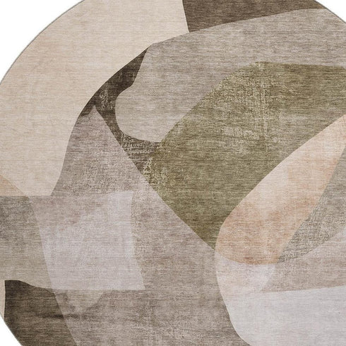 8' Taupe And Beige Abstract Washable Round Rug With UV Protection