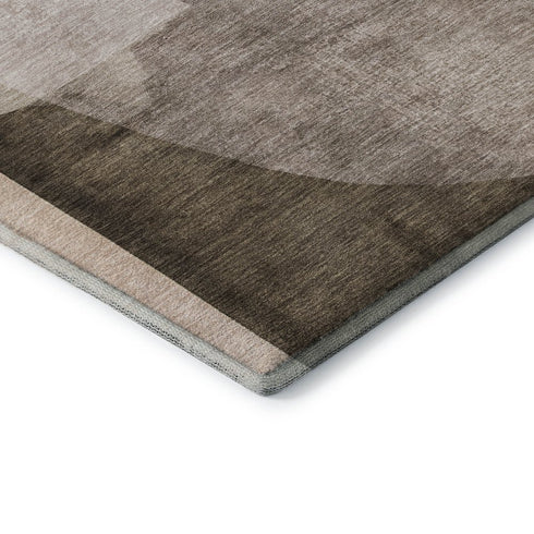 8' Taupe And Beige Abstract Washable Round Rug With UV Protection