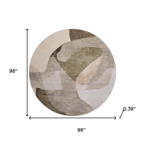 8' Taupe And Beige Abstract Washable Round Rug With UV Protection
