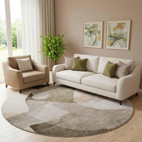 8' Taupe And Beige Abstract Washable Round Rug With UV Protection