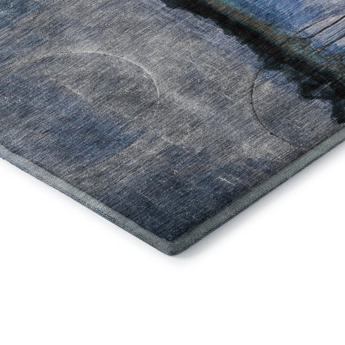 5' X 8' Blue And Charcoal Abstract Washable Area Rug With UV Protection