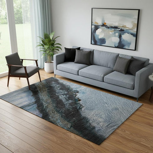 5' X 8' Blue And Charcoal Abstract Washable Area Rug With UV Protection