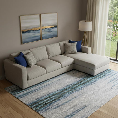 8' X 10' Blue And Charcoal Abstract Washable Area Rug With UV Protection
