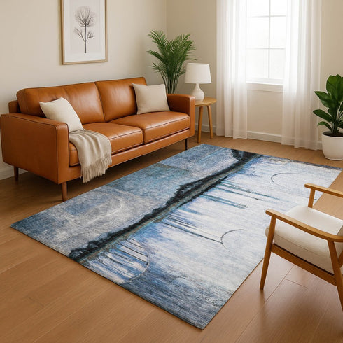 9' X 12' Blue And Charcoal Abstract Washable Area Rug With UV Protection