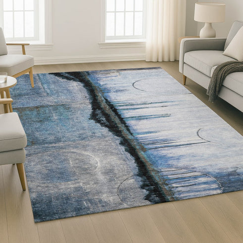 9' X 12' Blue And Charcoal Abstract Washable Area Rug With UV Protection