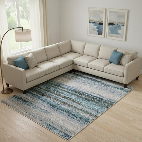 9' X 12' Blue And Charcoal Abstract Washable Area Rug With UV Protection