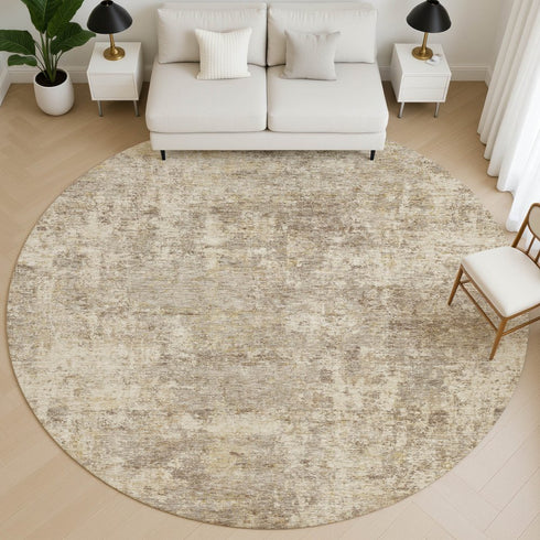 8' Taupe And Beige Abstract Washable Round Rug With UV Protection