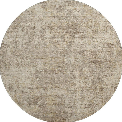 8' Taupe And Beige Abstract Washable Round Rug With UV Protection
