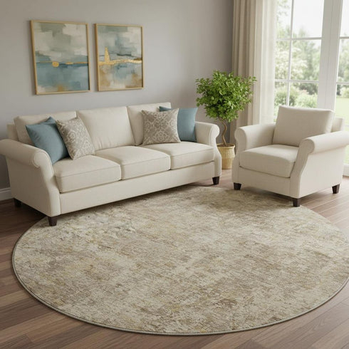 8' Taupe And Beige Abstract Washable Round Rug With UV Protection