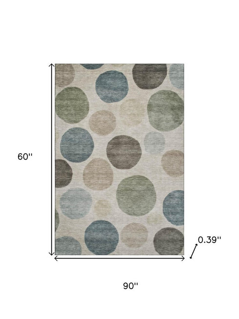 5' X 8' Khaki And Teal Geometric Washable Area Rug With UV Protection
