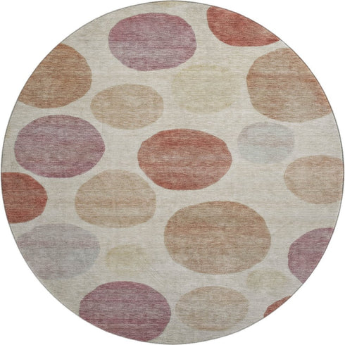 8' Salmon And Ivory Geometric Washable Round Rug With UV Protection
