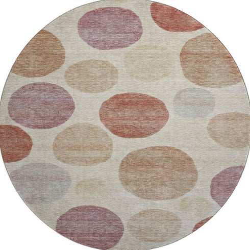 8' Salmon And Ivory Geometric Washable Round Rug With UV Protection