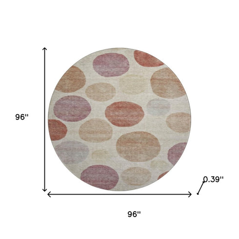 8' Salmon And Ivory Geometric Washable Round Rug With UV Protection