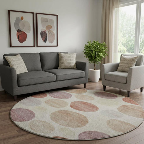 8' Salmon And Ivory Geometric Washable Round Rug With UV Protection