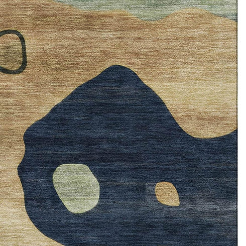 5' X 8' Navy Blue And Beige Abstract Washable Area Rug With UV Protection