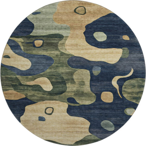 8' Navy Blue And Beige Abstract Washable Round Rug With UV Protection
