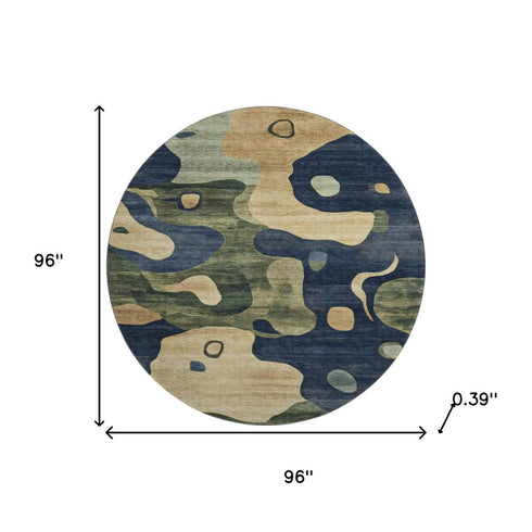 8' Navy Blue And Beige Abstract Washable Round Rug With UV Protection