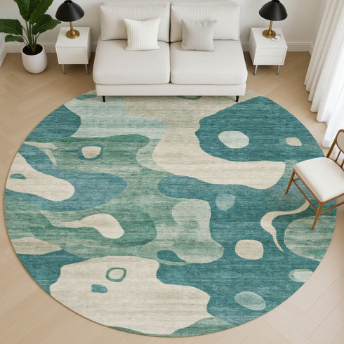 8' Teal And Ivory Abstract Washable Round Rug With UV Protection