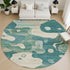 8' Teal And Ivory Abstract Washable Round Rug With UV Protection