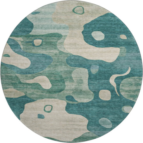 8' Teal And Ivory Abstract Washable Round Rug With UV Protection