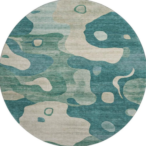 8' Teal And Ivory Abstract Washable Round Rug With UV Protection