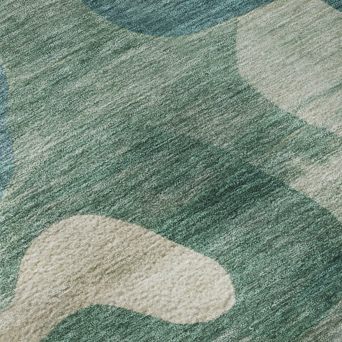 8' Teal And Ivory Abstract Washable Round Rug With UV Protection