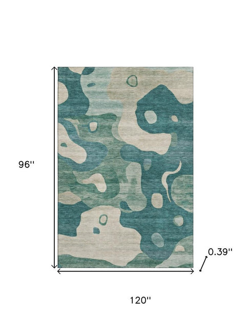 8' X 10' Teal And Ivory Abstract Washable Area Rug With UV Protection