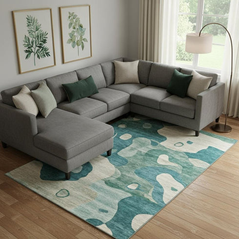 8' X 10' Teal And Ivory Abstract Washable Area Rug With UV Protection